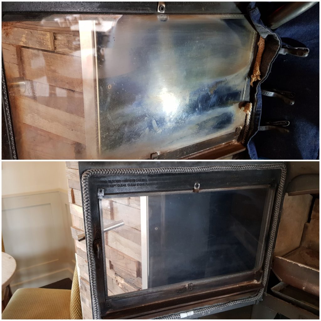 Before and after glass clean and new rope seal
